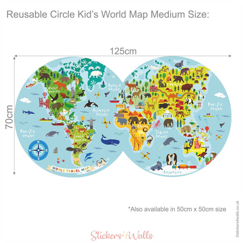 Circles Kid's World Map Fabric Wall Sticker - Reusable