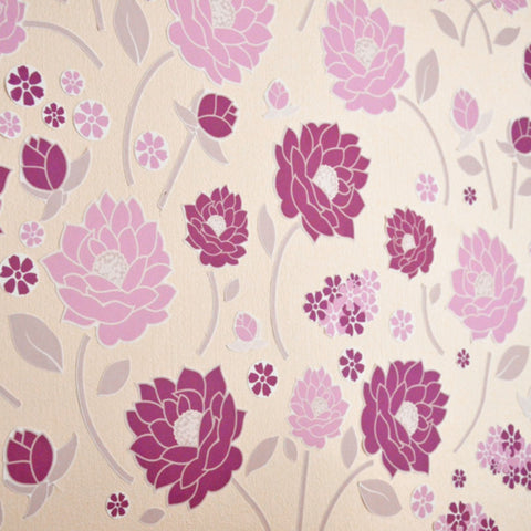 Reusable Retro Purple Flowers Wall Stickers, 60 Piece Fabric Sticker Set