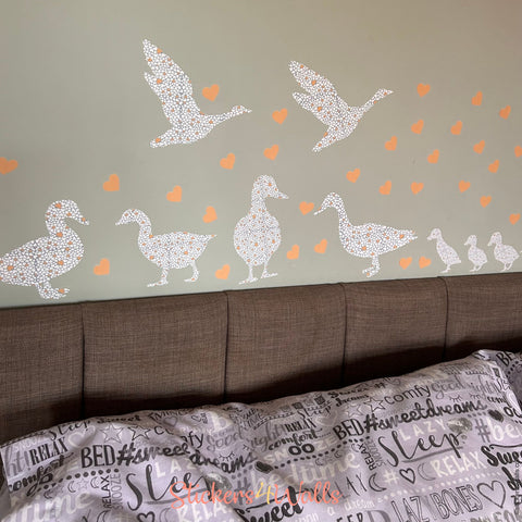 Reusable Fabric Duck Wall Stickers, Set of 15 Ducks and 50 Heart Wall Decals