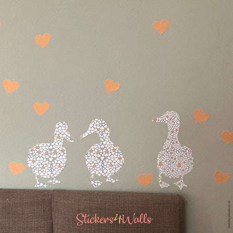 Reusable Fabric Duck Wall Stickers, Set of 15 Ducks and 50 Heart Wall Decals