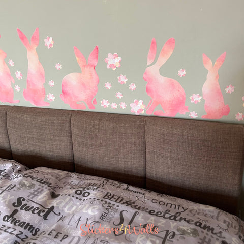 Reusable Fabric Rabbit Wall Stickers, Colourful Sets of Rabbits and Flower Home Decals