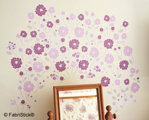 Reusable Retro Purple Flowers Wall Stickers, 60 Piece Fabric Sticker Set